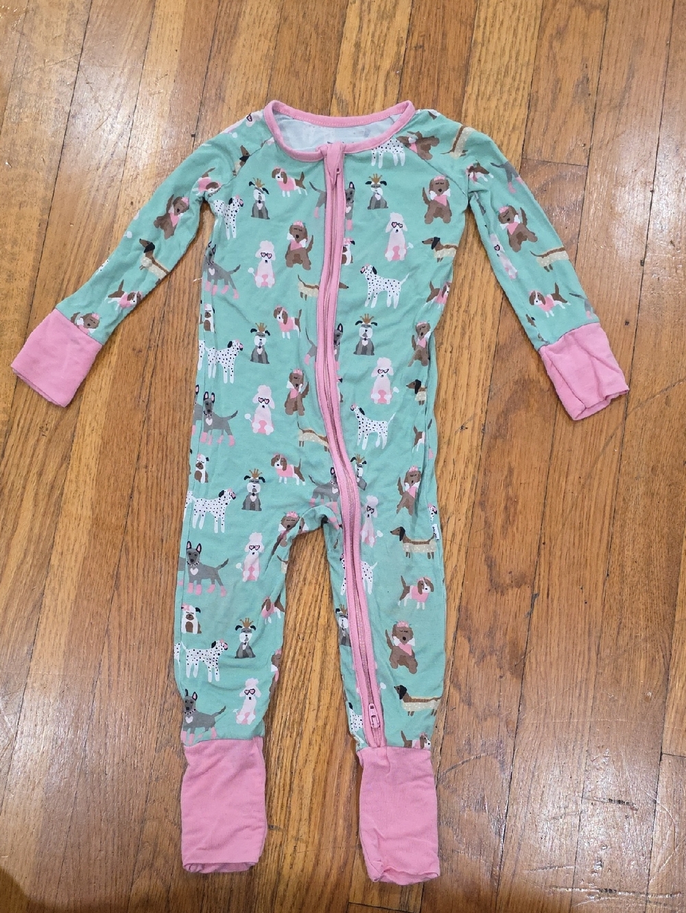 Like New Little Sleepies Aqua Puppy Pink Dog-Print Footed Pajama Size 6-12 Month